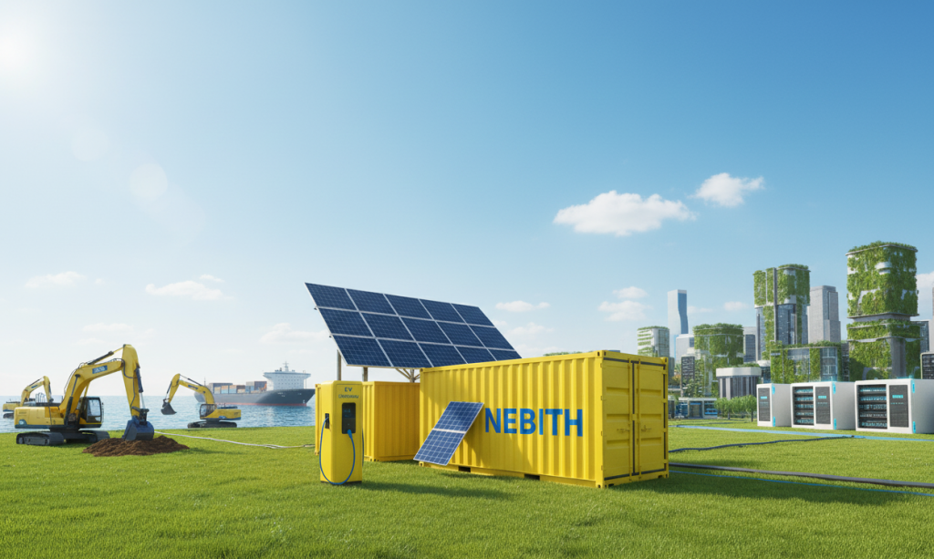 NEBITH containerised hybrid battery system supplying clean energy to a green data centre and electric excavator on a sustainable construction site